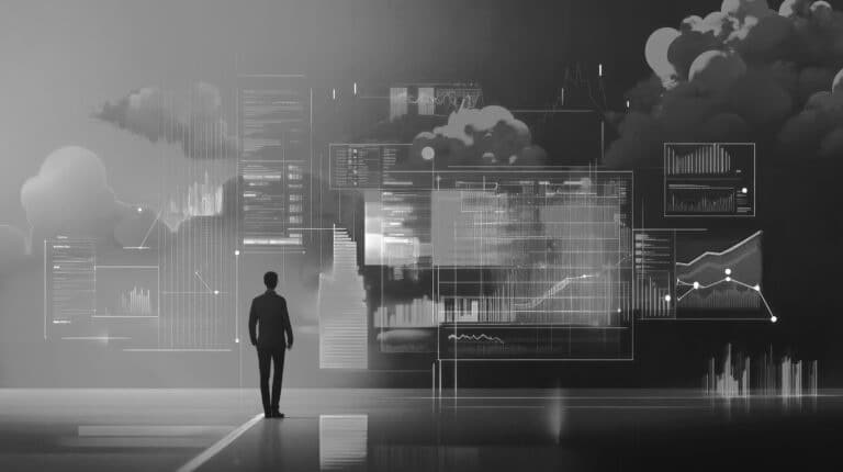 A businessman stands before a digital data wall displaying cloud charts and analytics—a futuristic representation of cloud benchmarking. 